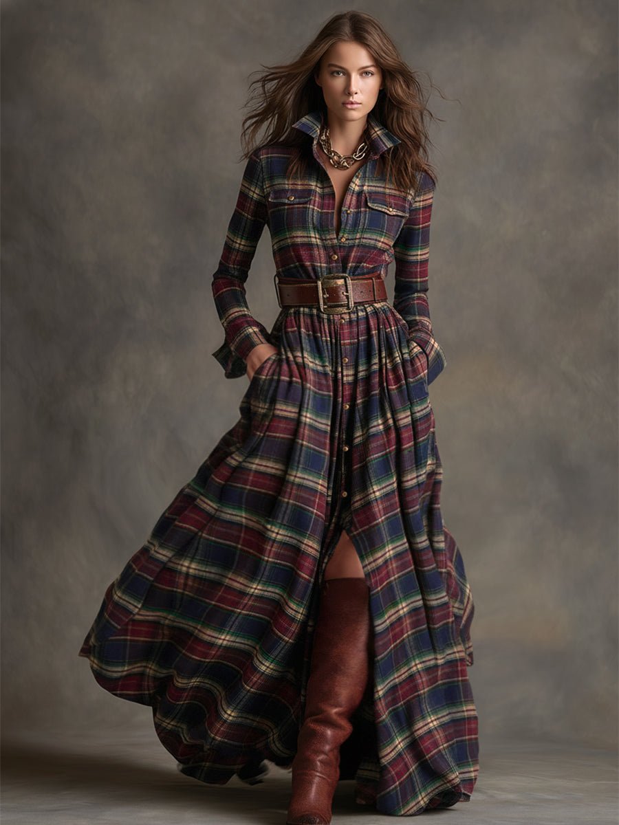 Retro Ethnic Style Lapel Reddish Brown Plaid Maxi Dress - Image 10
