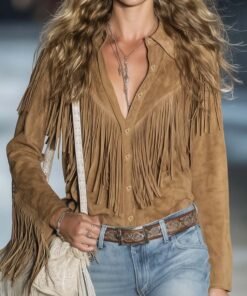 Casual Vintage Western Button Front Tassel Long Sleeve Light Brown Fuax Suede Shirt Top