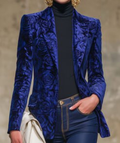 Royal Blue Rose Print Velvet Lapel Blazer