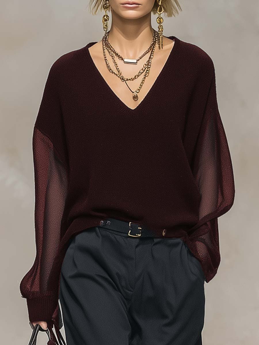 Breathable And Casual Comfortable V-neck Transparent Long-sleeved Black Knitted Blouse Top - Image 5