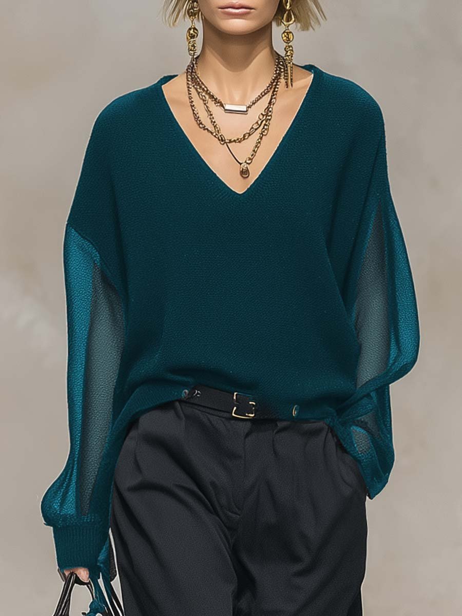 Breathable And Casual Comfortable V-neck Transparent Long-sleeved Black Knitted Blouse Top - Image 4