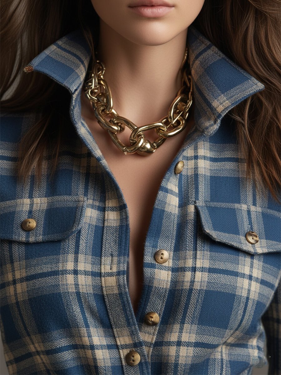 Retro Ethnic Style Lapel Reddish Brown Plaid Maxi Dress - Image 18