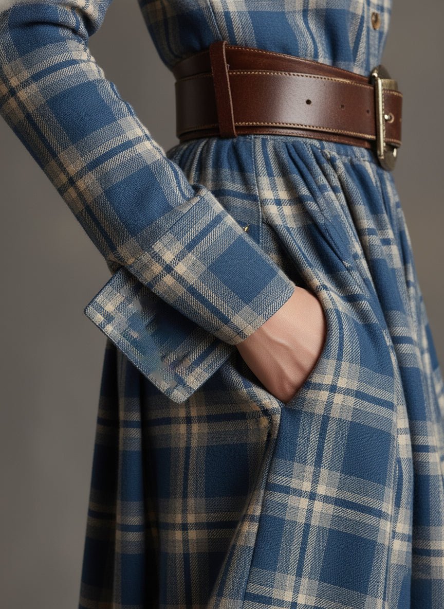 Retro Ethnic Style Lapel Reddish Brown Plaid Maxi Dress - Image 19