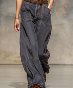 Relaxed Loose Vintage Raw Edge Dark Grey Wide Leg Jeans