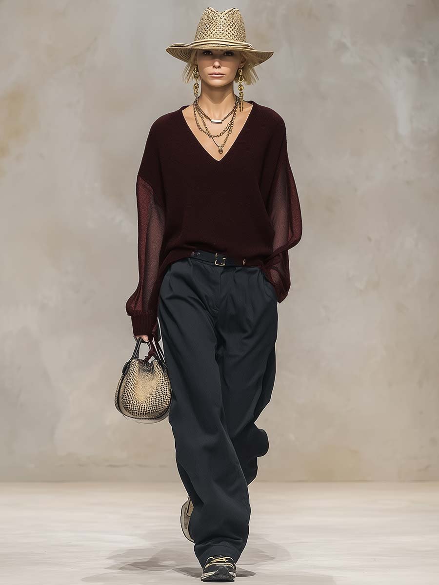 Breathable And Casual Comfortable V-neck Transparent Long-sleeved Black Knitted Blouse Top - Image 9