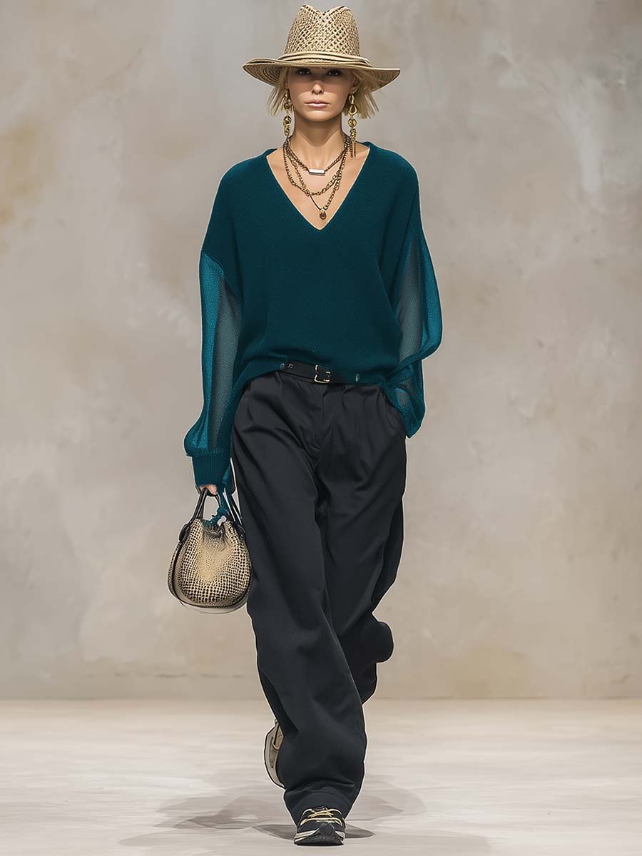 Breathable And Casual Comfortable V-neck Transparent Long-sleeved Black Knitted Blouse Top - Image 8