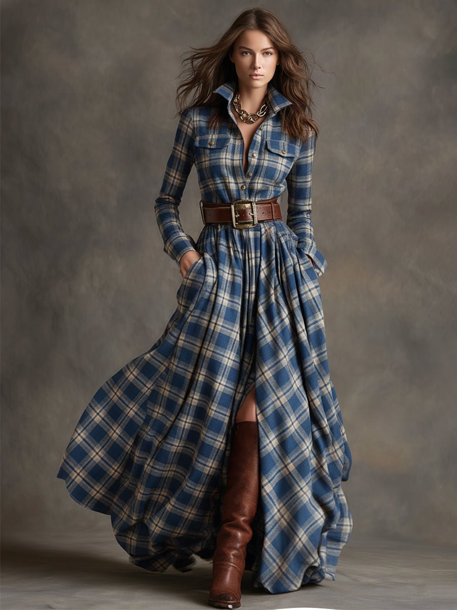Retro Ethnic Style Lapel Reddish Brown Plaid Maxi Dress - Image 17