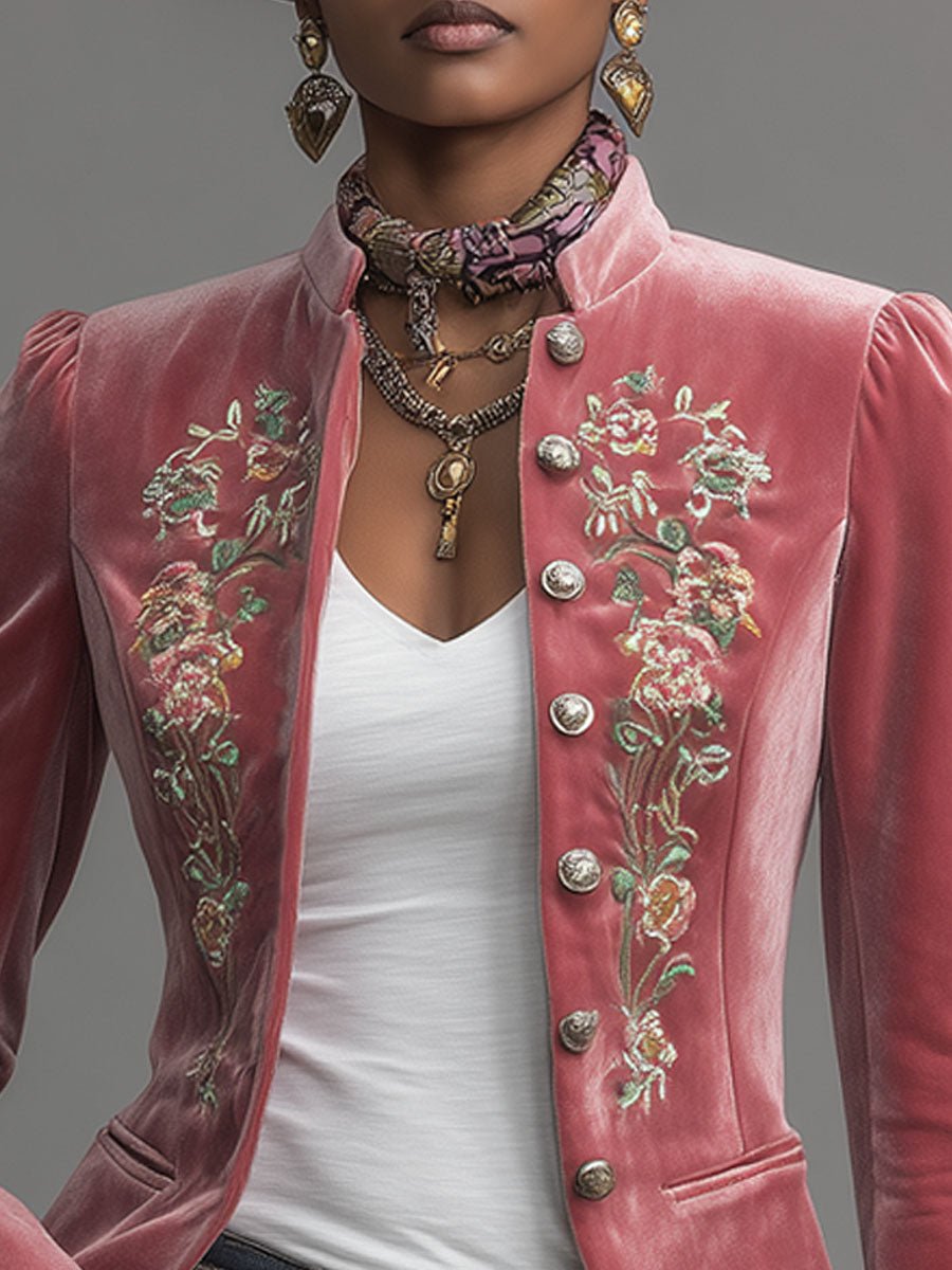 Western-style Stand-up Collar Single-breasted Floral Embroidered Velvet Jacket - Image 3