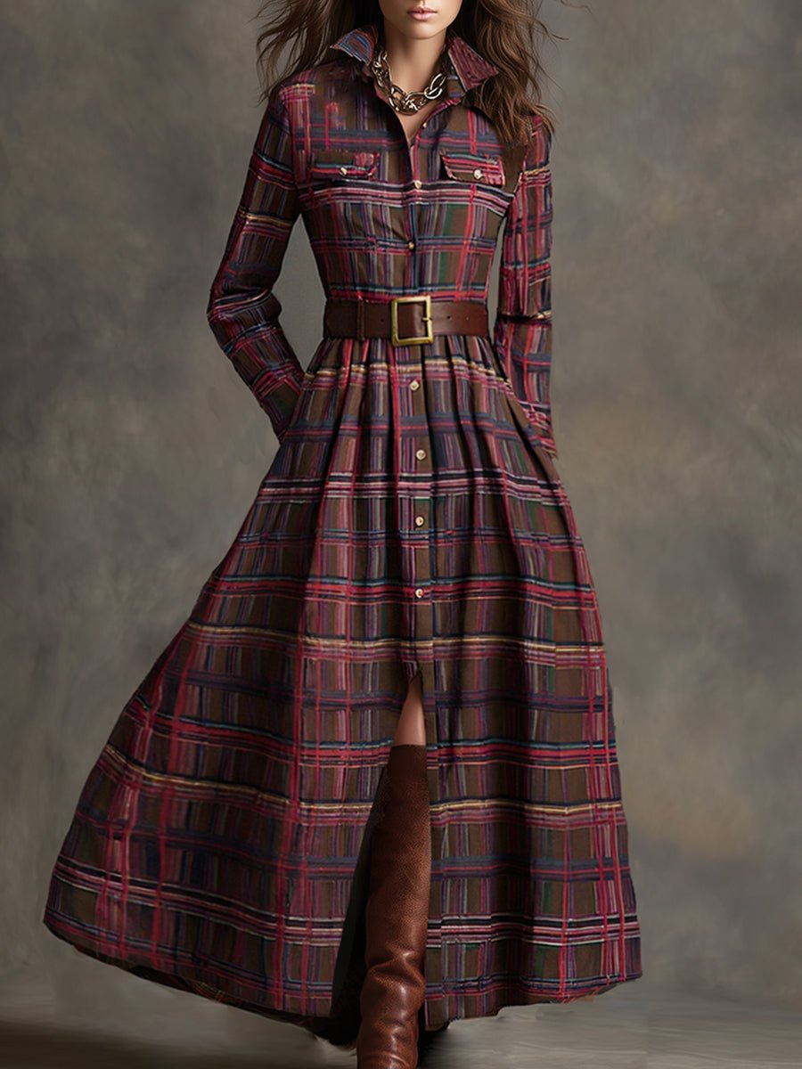 Retro Ethnic Style Lapel Reddish Brown Plaid Maxi Dress - Image 6