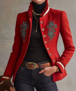 Ruffled Stand-up Collar Single-breasted Rose Embroidered Woolen Jacket