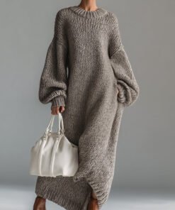 Elegant Urban Silhouette Round Neck Heathered Khaki Knitted Maxi Dress