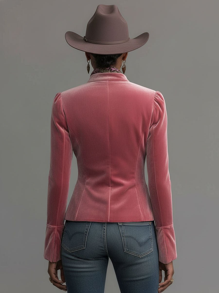 Western-style Stand-up Collar Single-breasted Floral Embroidered Velvet Jacket - Image 2