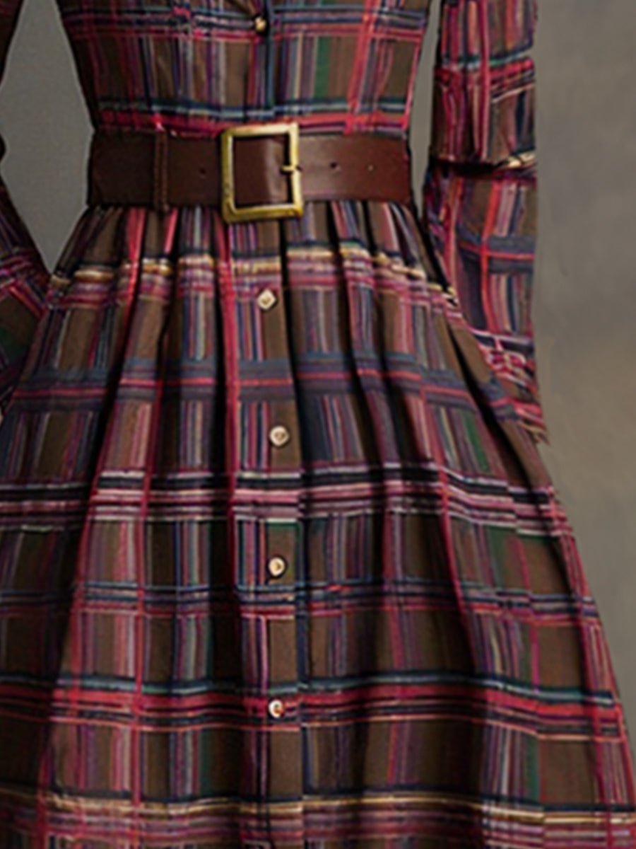 Retro Ethnic Style Lapel Reddish Brown Plaid Maxi Dress - Image 23