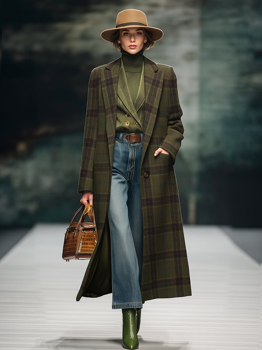 Retro Plaid Long Woolen Coat - Image 2