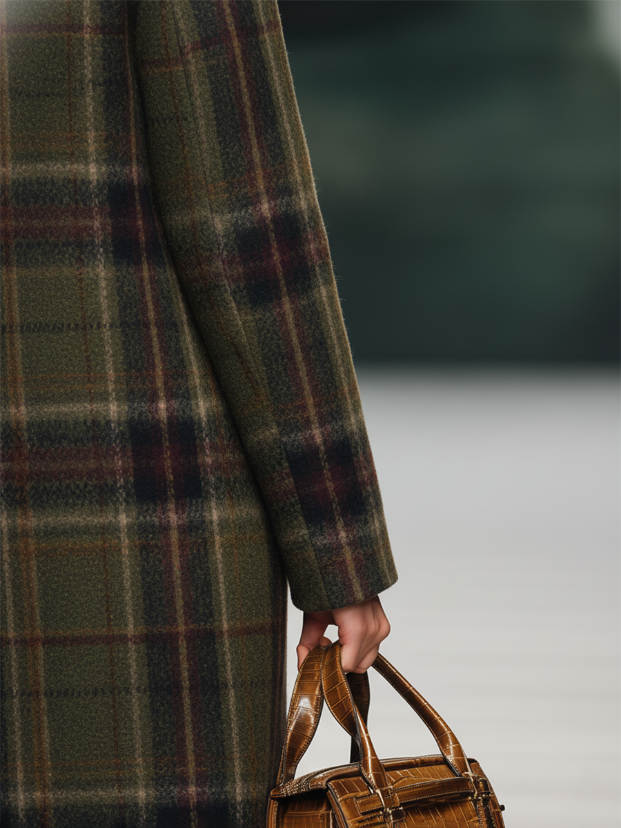 Retro Plaid Long Woolen Coat - Image 4