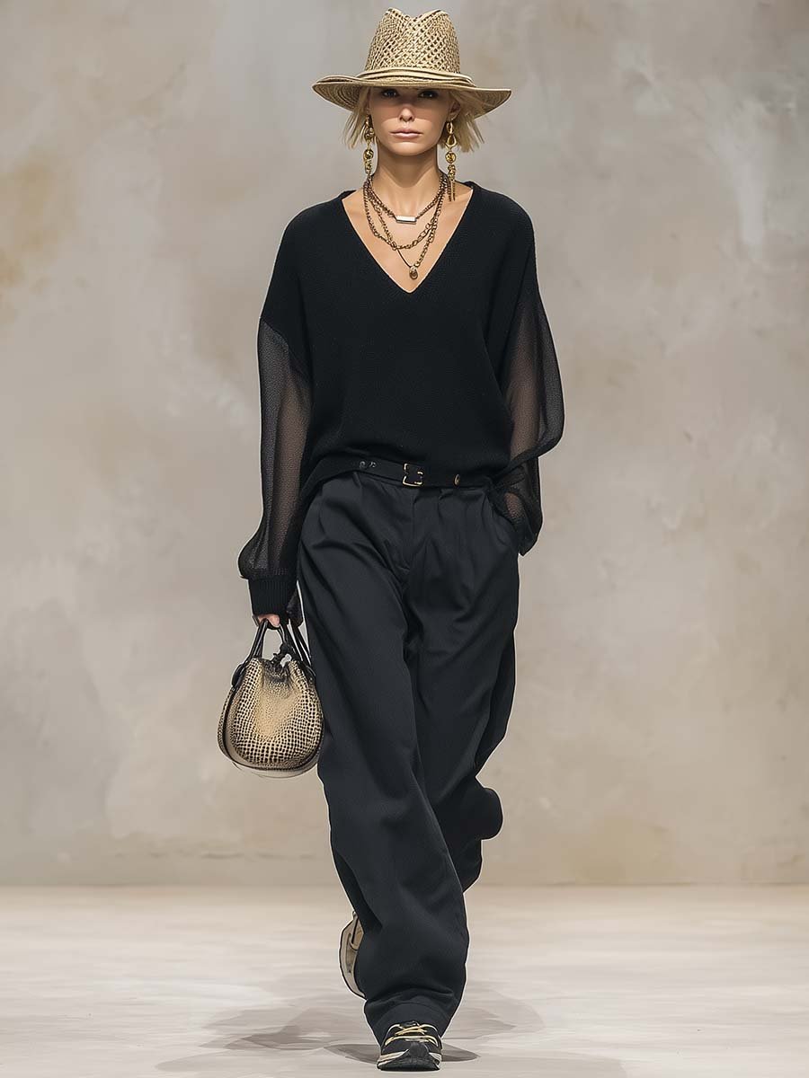 Breathable And Casual Comfortable V-neck Transparent Long-sleeved Black Knitted Blouse Top - Image 3