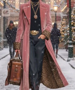 Lapel Single-breasted Velvet And Leopard Print Coat