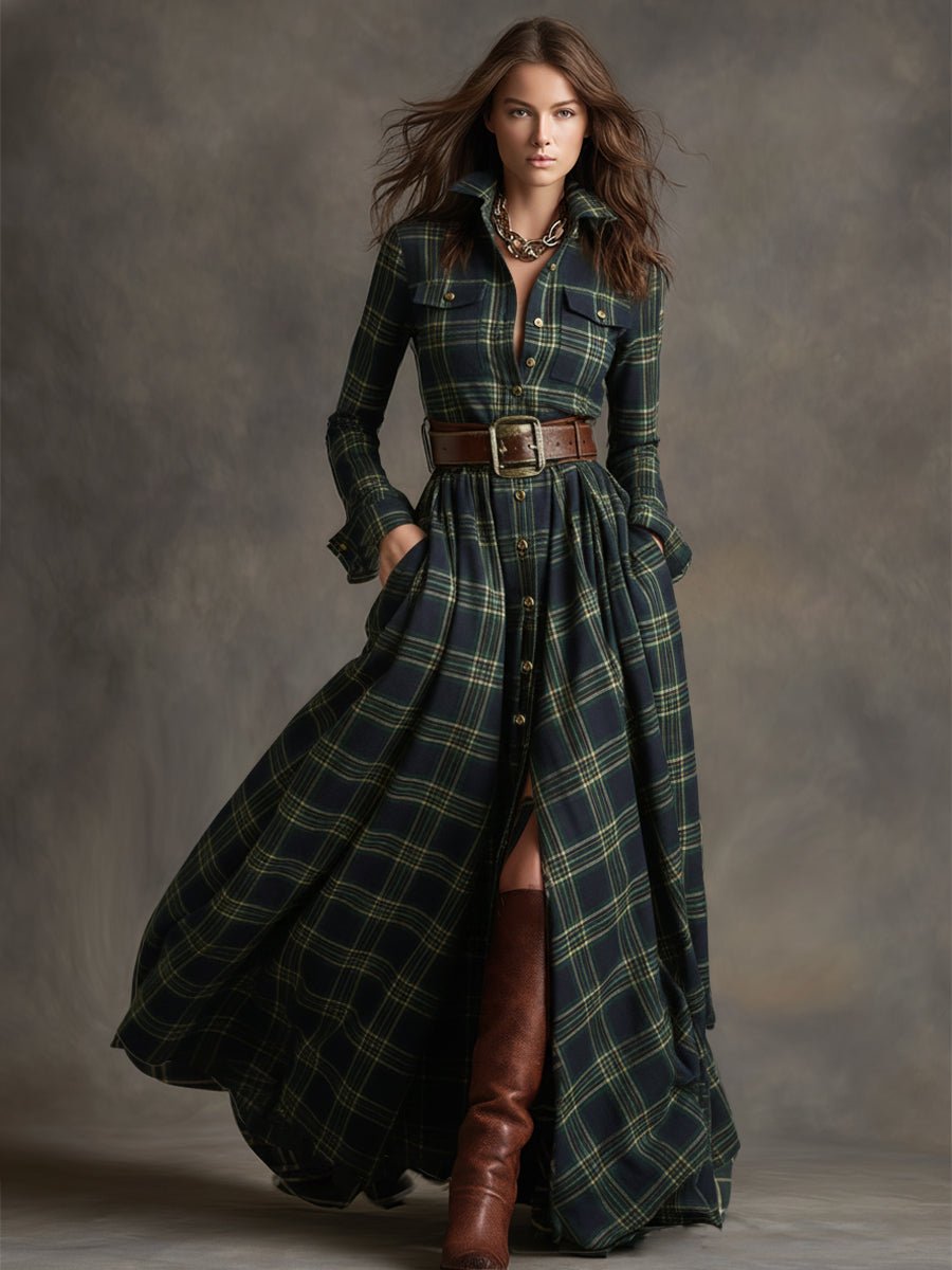Retro Ethnic Style Lapel Reddish Brown Plaid Maxi Dress - Image 7