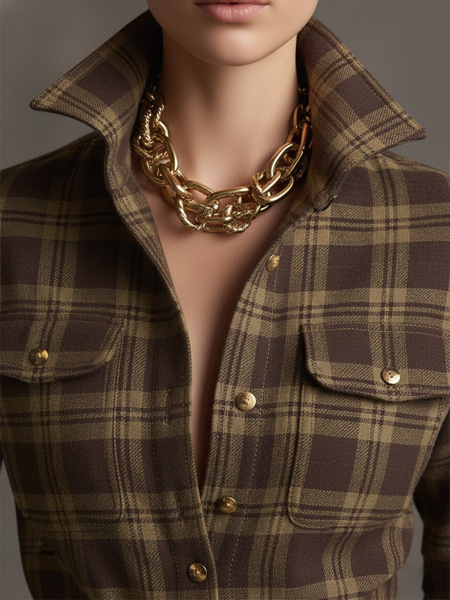 Retro Ethnic Style Lapel Reddish Brown Plaid Maxi Dress - Image 14