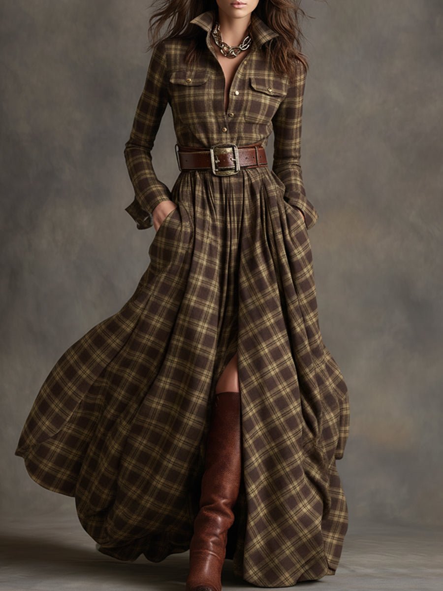 Retro Ethnic Style Lapel Reddish Brown Plaid Maxi Dress - Image 3