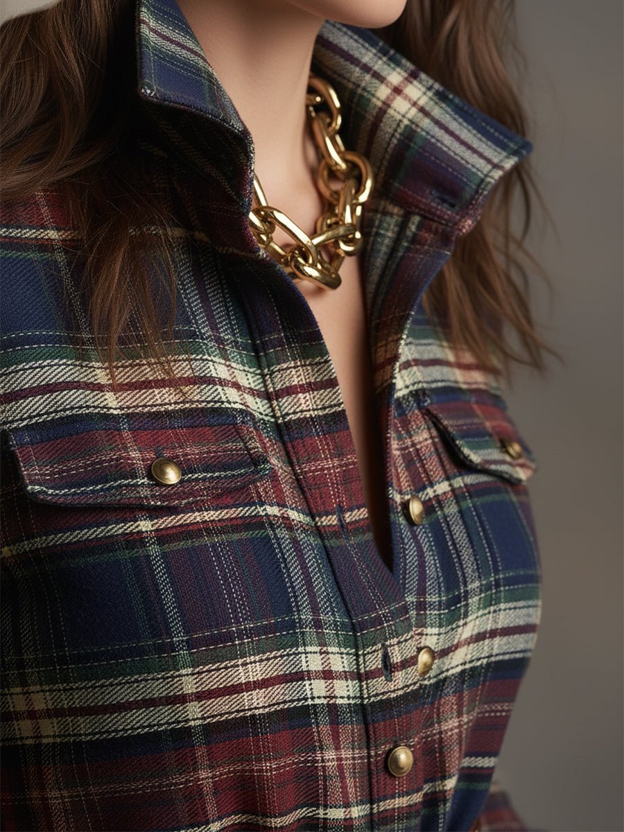 Retro Ethnic Style Lapel Reddish Brown Plaid Maxi Dress - Image 11