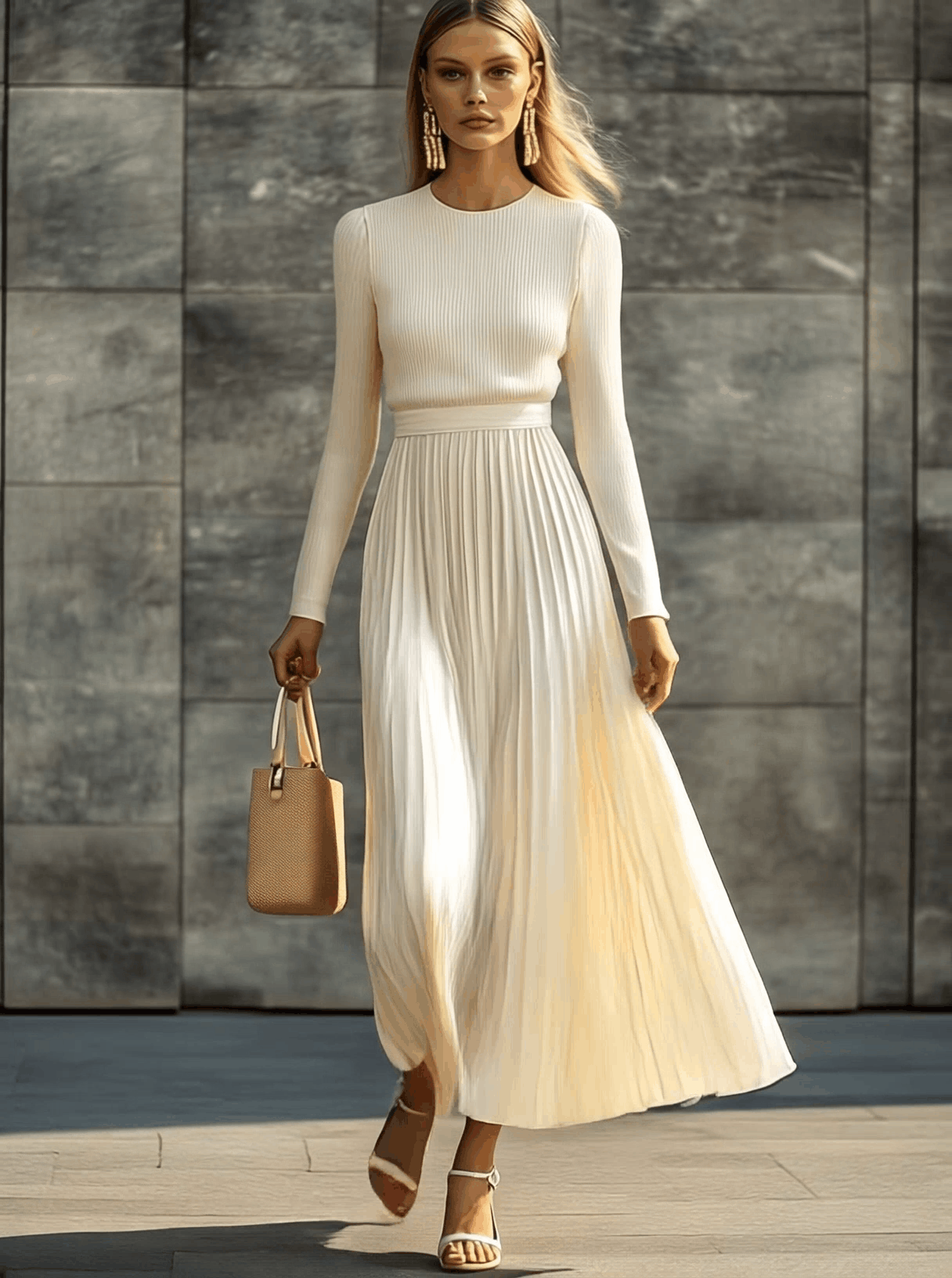 Elegant Casual And Comfortable Long-sleeved Cream Knitted Satin Pleated Hem Maxi Dress - Image 2