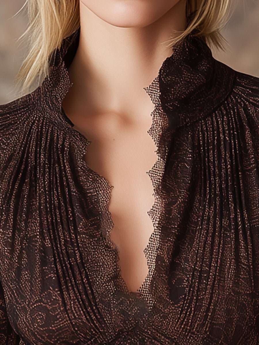 Elegant V-neck Lace Print Mocha Brown Long-sleeved Shirt - Image 4