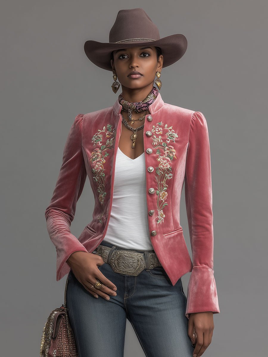 Western-style Stand-up Collar Single-breasted Floral Embroidered Velvet Jacket - Image 5