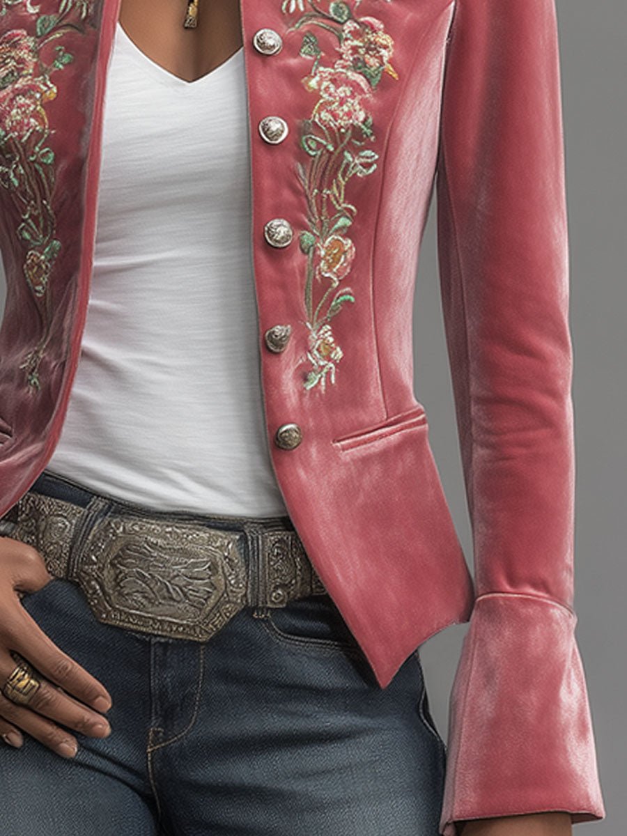 Western-style Stand-up Collar Single-breasted Floral Embroidered Velvet Jacket - Image 4