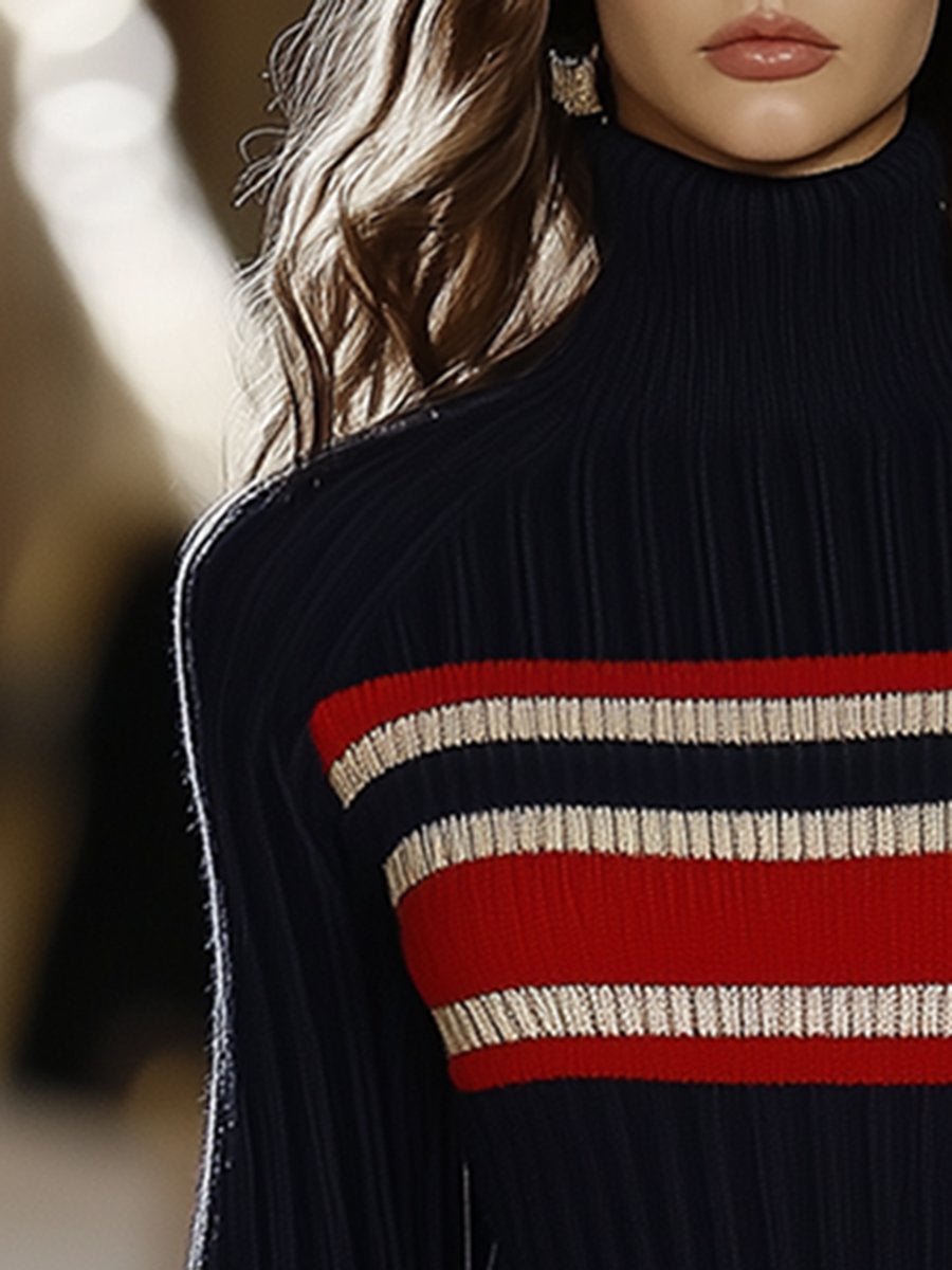 Retro French Elegant Fashionable High Collar Red And White Striped Dress Knit Top - Image 3