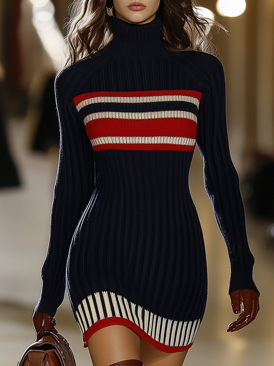 Retro French Elegant Fashionable High Collar Red And White Striped Dress Knit Top