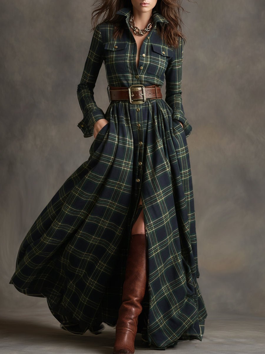 Retro Ethnic Style Lapel Reddish Brown Plaid Maxi Dress - Image 2